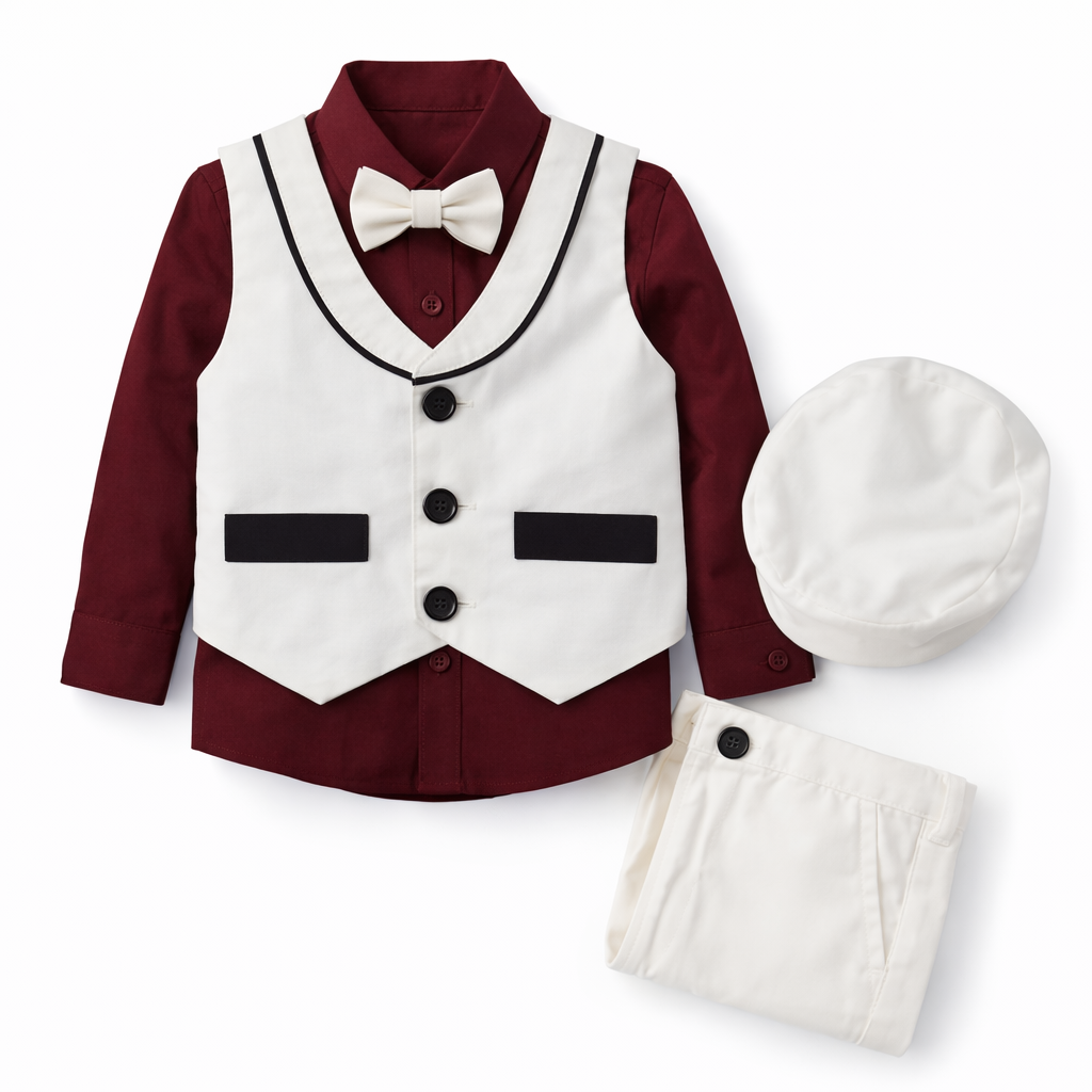 Formal Suit(4 pcs) Set For Kids(W&Maroon)-